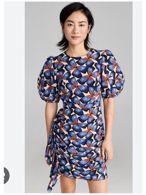 RHODE Pia Dress Womens 6 Blue Butterfly Print Ruched Puff Sleeve Sheath Mini